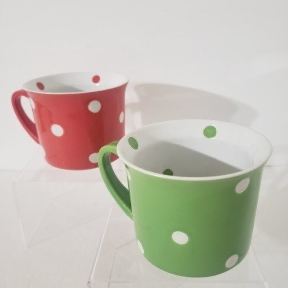 Bundle Of 2 Chef Style Polk-A-Dot Coffee Cups Mug 16 OZ Salmon & Green - Picture 3 of 8
